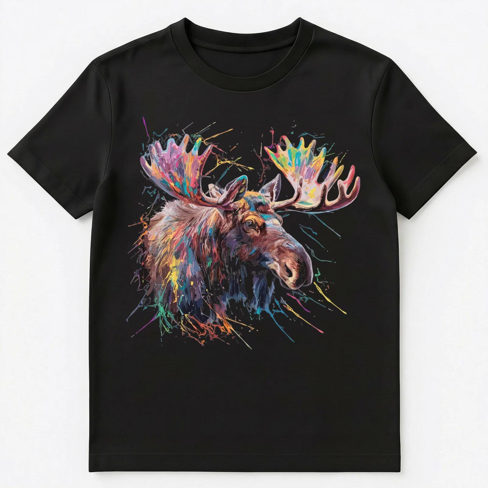 Colorful Paint Splash Moose Face Art Graphic Unisex T-Shirt S