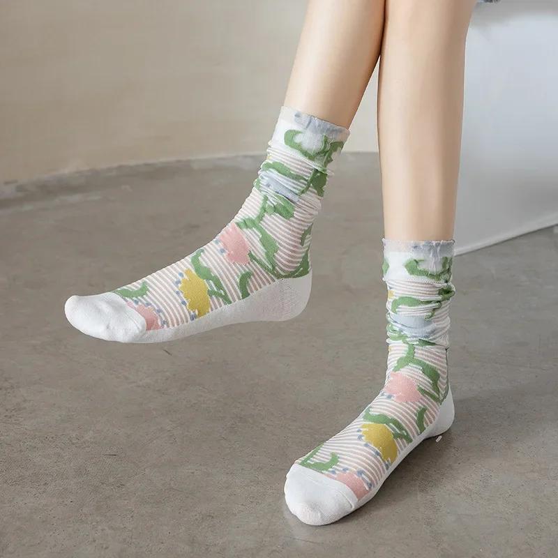 Flower Embroidery Crystal Silk Socks Summer Elastic Long Socks Hollow Out Thin Breathable Mesh Lace Socks Ultra-thin Transparent