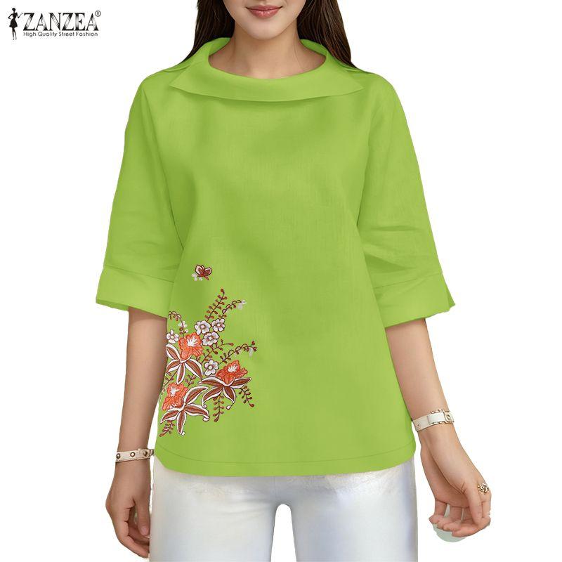 ZANZEA Women Casual Pile Collar Loose Summer Floral Embroidery Half Sleeve Blouse
