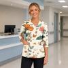 Womens Halloween Print V Neck Medical Scrub Top with Pockets Side Slits and Three Quarter Sleeves Halloween Themed Nurse Uniform Shirt