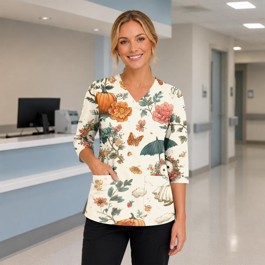 Womens Halloween Print V Neck Medical Scrub Top with Pockets Side Slits and Three Quarter Sleeves Halloween Themed Nurse Uniform Shirt