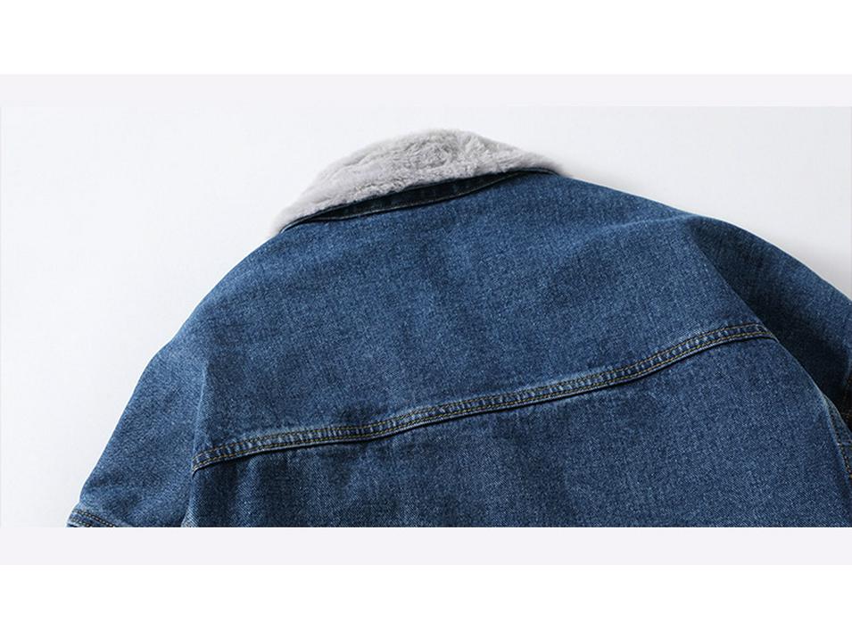 2025 Men's Autumn/Winter Denim Jacket with Faux Rabbit Fur Collar, Cotton Texture, Fleece-Lined, Washed Finish.