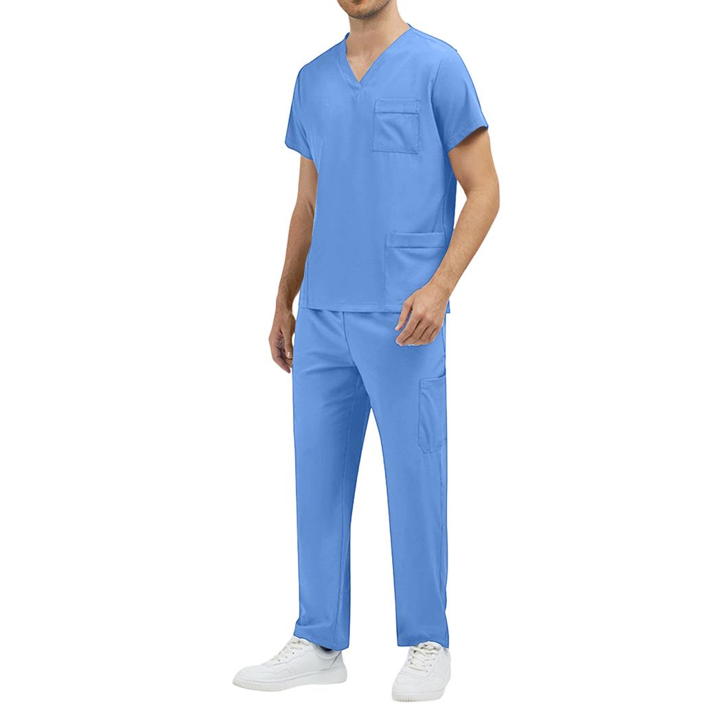 Men’s V Neck Short Sleeve Scrub Set Two Piece Uniform with Chest Pocket and Straight Leg Pants for Medical Work