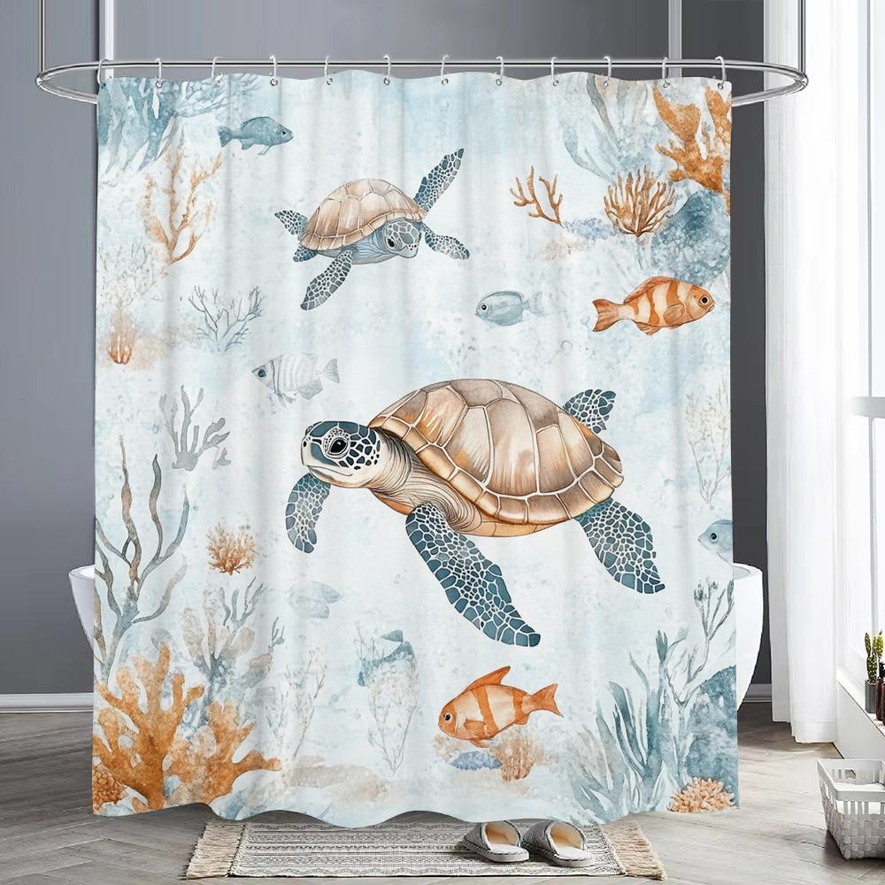 Marineland Sea Turtle Fun Shower Curtain For Beach Theme Bathroom Decorative Shower Curtain, Waterproof Shower Curtain With Hook
