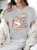 Working on Laptop Print Fabric Slight Stretch All Season Fashion Women'S Casual Crew Neck T-Shirt with Cartoon Cat Streetwear