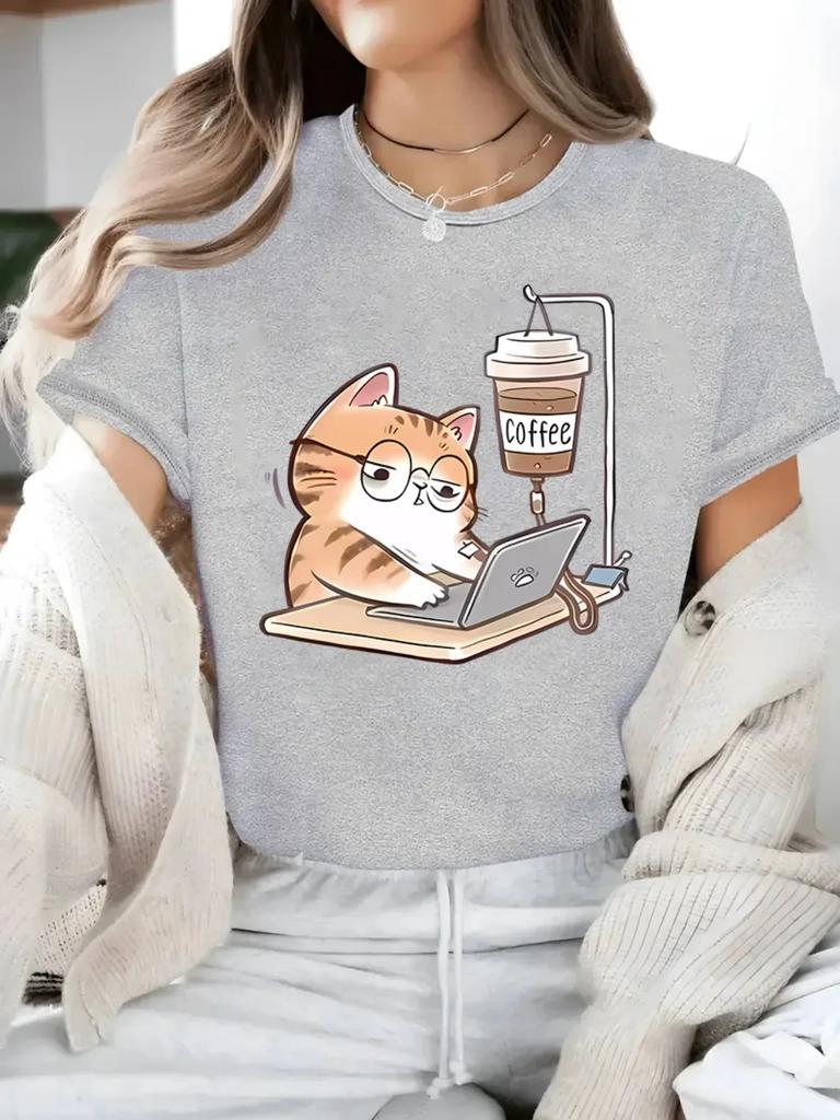Working on Laptop Print Fabric Slight Stretch All Season Fashion Women'S Casual Crew Neck T-Shirt with Cartoon Cat Streetwear