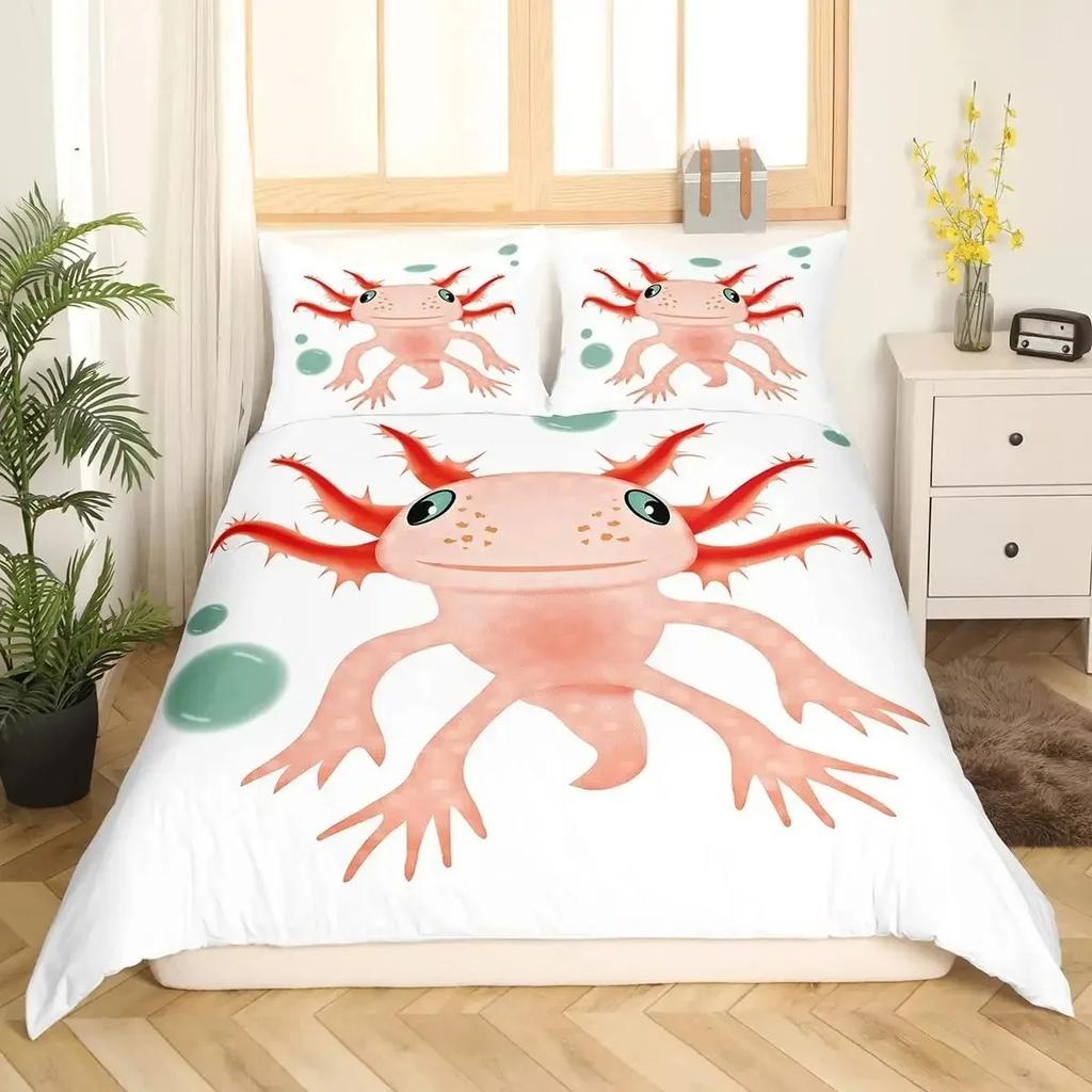 Cartoon Axolotl Cute Sea Animal Reptile Bedding Set Boys Girls Twin Queen Size Duvet Cover Pillowcase Bed Kids Adult