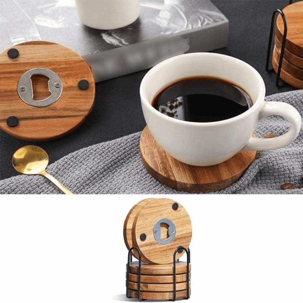 6PCS Round Insulated Cup Pad 2 in 1 Party Cup Mat Set Wood Coaster with Bottle Opener  Dining Table