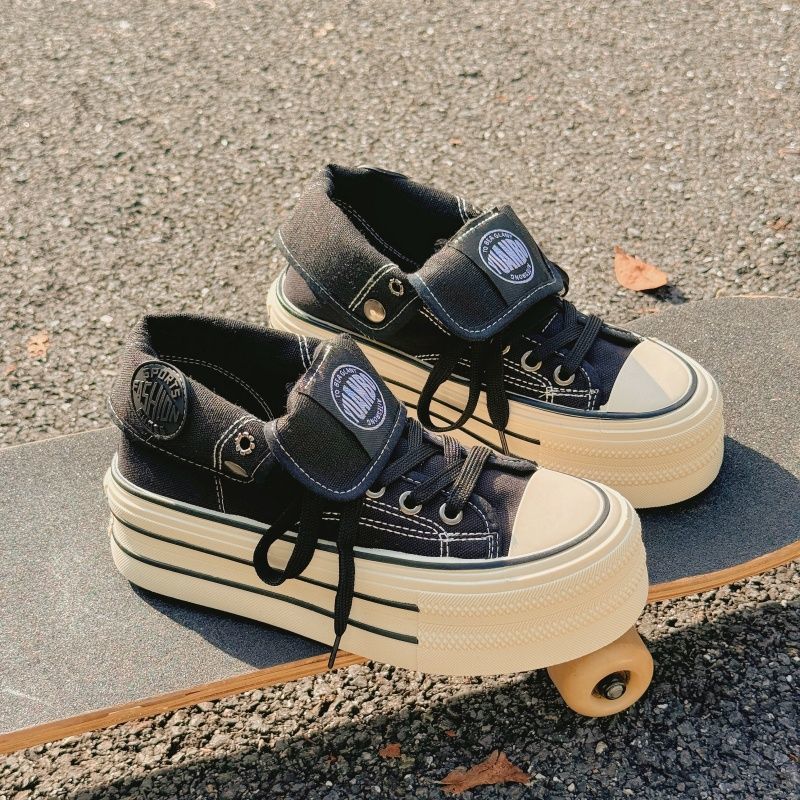 Japońskie płócienne buty za kostkę, nowe buty dla dziewcząt, wszechstronne buty na platformie ins z dużą głową i grubą podeszwą