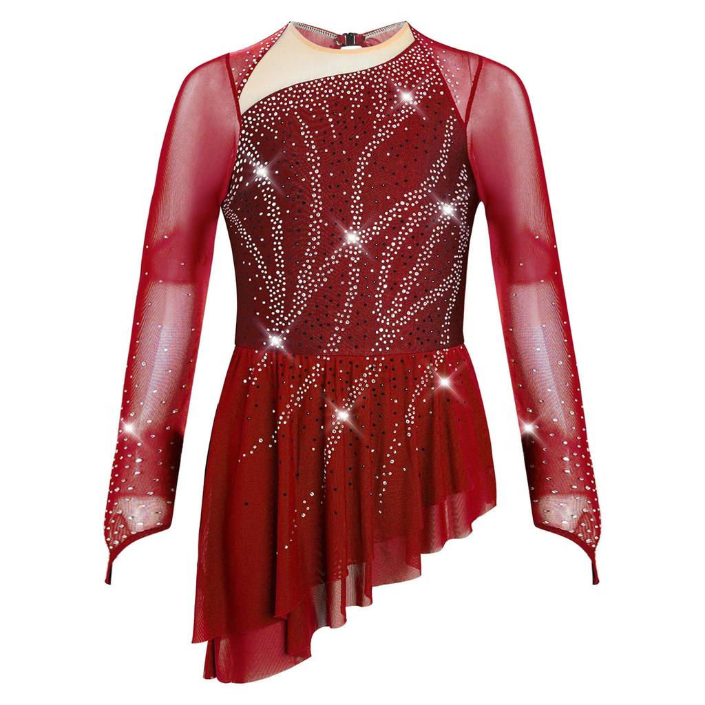 Girls Sparkly Rhinestones Dance Dress Mesh Long Sleeves Cutout Back Asymmetric Hem Figure Skating Dress