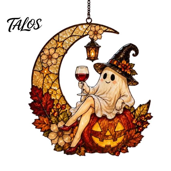 Ghost Pendant 2D Moon Pumpkin Acrylic Suncatcher, Halloween Window Home Garden Accents Hanging Ornament, Autumn Thanksgiving Yard Wall Decor