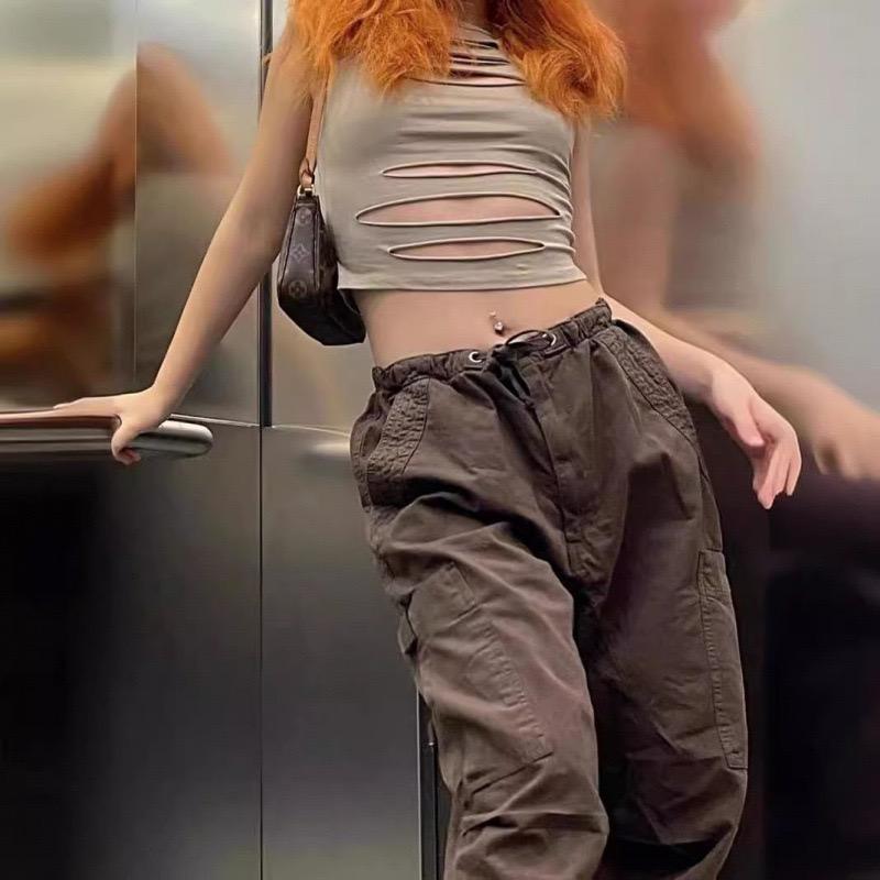 Calças Casual LUXEON Retro Lisas com Cordão Joggers Bolsudas Perna Larga Calças de Moletom Cintura Média Esportivas Y2k Unissex