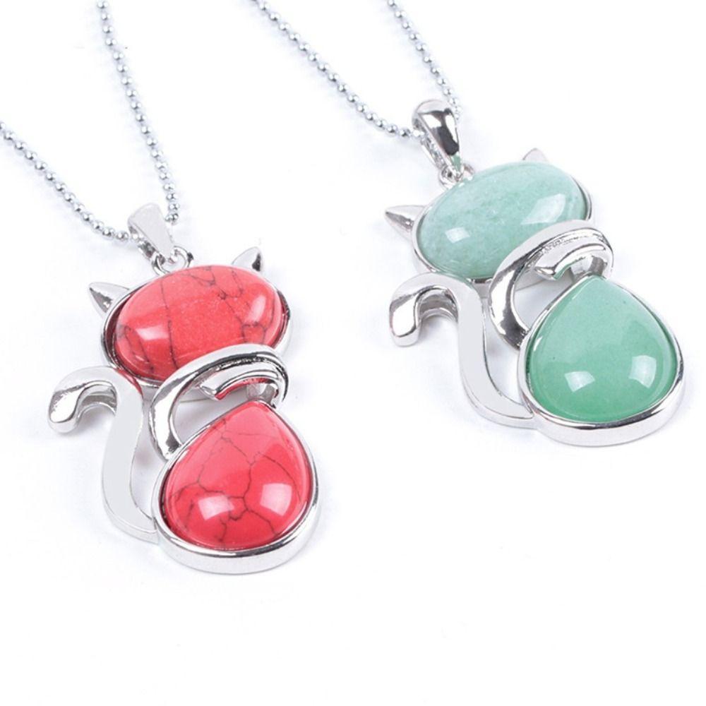 Daily Wear Cute Shape Cat Necklaces Animal Pink Purple Stone Pendant Kitten Crystal Cat Jewelry Necklaces Women Girl