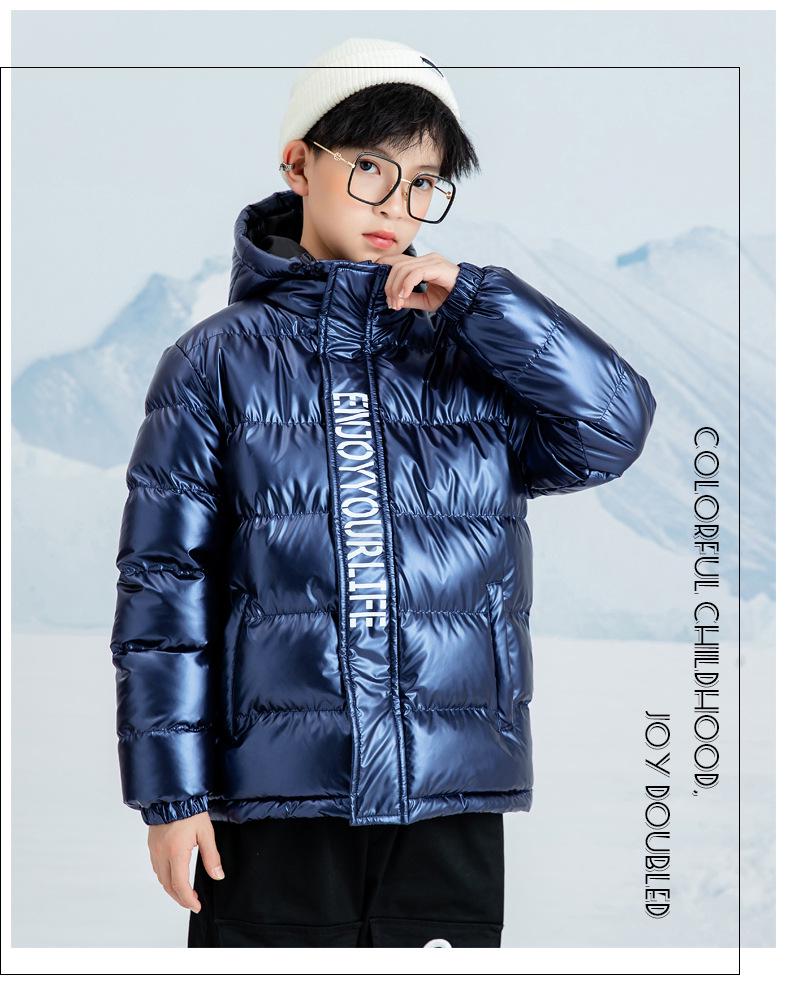 Boys' Hooded Winter Jacket - Thick, Warm, Cotton-Padded Coat with Shiny, Wash-Free Outerwear for Big Kids