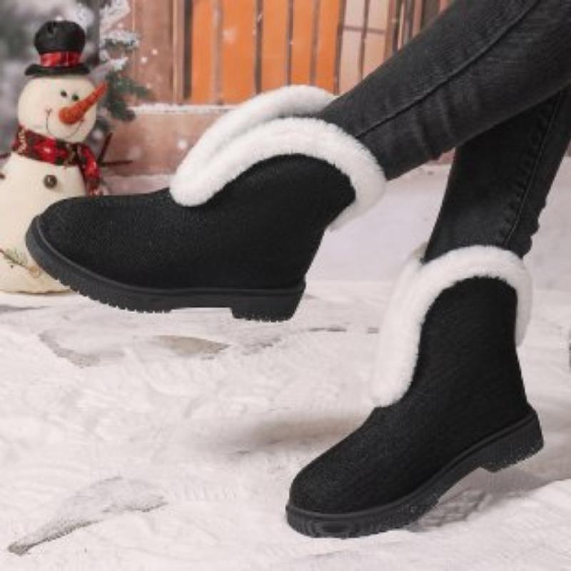 Large size fluffy snow boots for women's autumn and winter new flat-bottomed wind high-top piled thickened cotton shoes