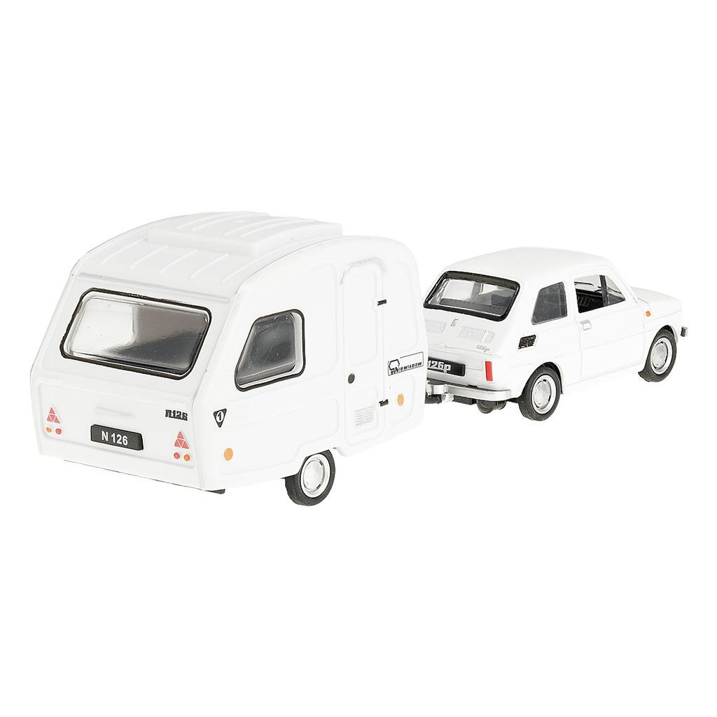 Model 1:43 Zestaw Fiat 126p + przyczepa Niewiadów Kemping, biały