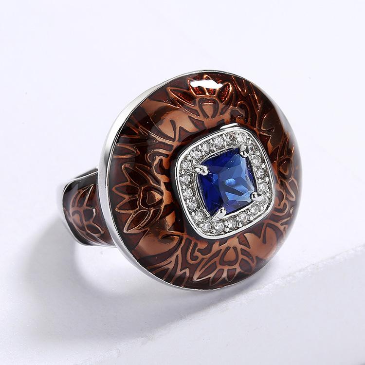 Retro Hyperbole Enamel Ring Bicolor Floral Fashion Sapphire Casual Ball