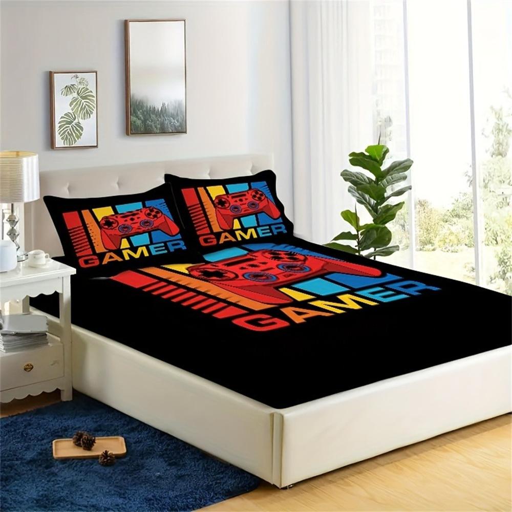 Games Print Fitted Sheet Set Soft Home Textile Comfortable Breathable Gamepad Bedding Set for Bedroom Guest Room