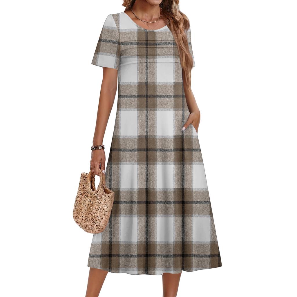 Ladies' Plaid Printed Casual And Fashionable Short Sleeved Round Neck Dress