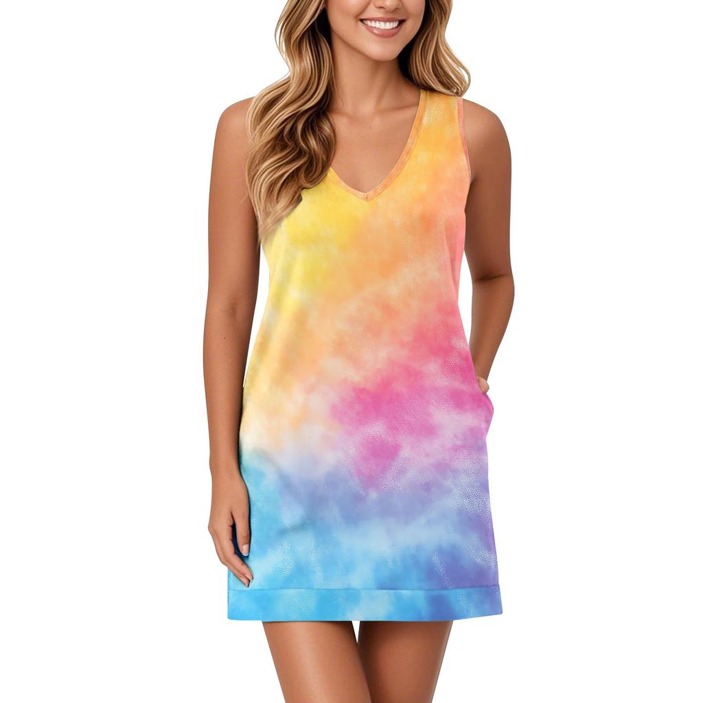 Women's V-neck Sundress Sleeveless Casual Floral Print Dress With Pockets