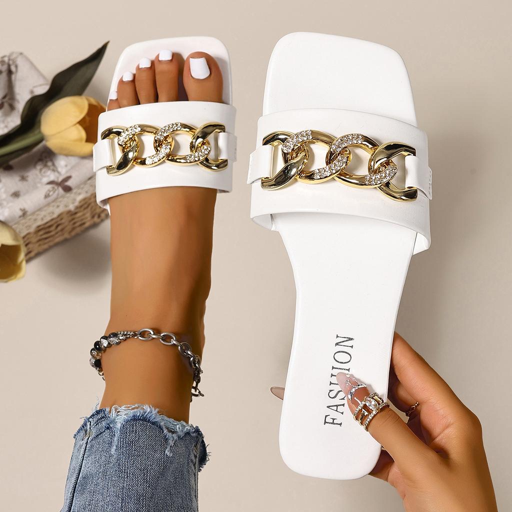 Fashion Fashion Women Slippers Square Toe Chain Slippers 2025 New Flat Beach Sandals Metal Decoration Casual Shoes Home Slides Women