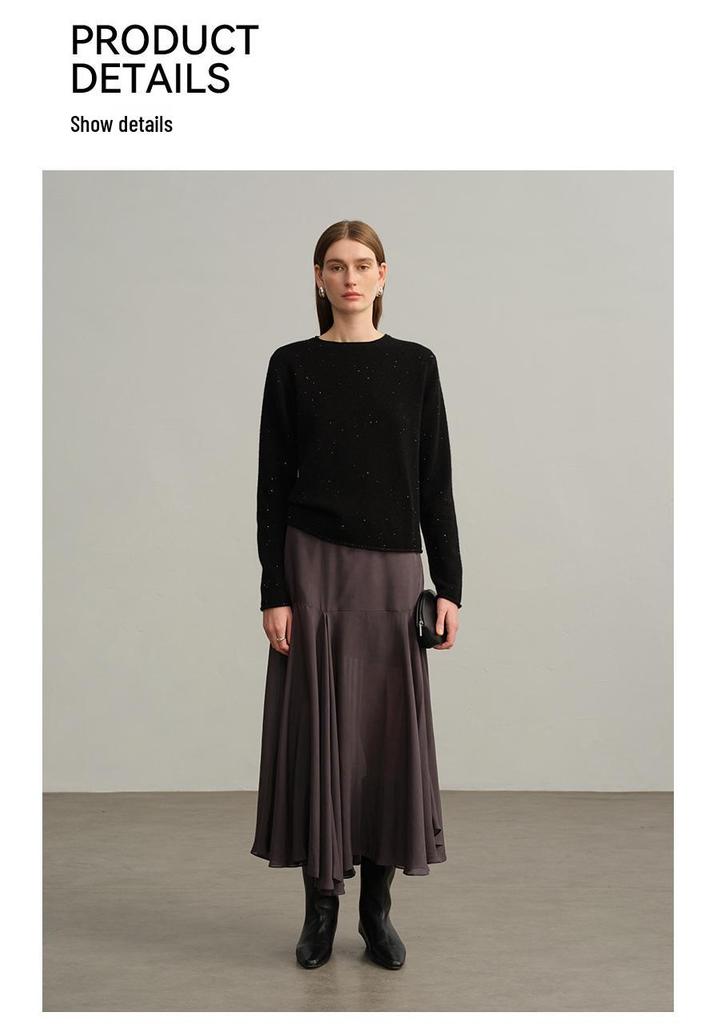 Women's Sequined Cashmere Sweater - Thickened Roll-Edge Round Neck, Versatile Autumn/Winter Casual Knit Base Layer