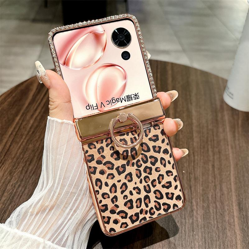 

For Honor Magic V Flip 5G Case Leopard Pattern Ring Holder Rhinestone Hard PC Phone Cover A