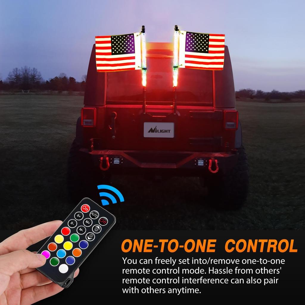 Nilight 2PCS 2FT RGB LED Whip Lights Spiral Chasing Dancing Lighted Antenna RF Remote Control for Can-Am ATV UTV RZR Polaris Dune Buggy Truck Bulbs 7