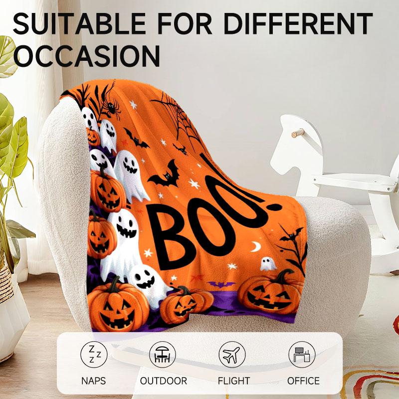 1 piece Halloween-themed orange flannel blanket, soft, suitable for sofa, bed, office, all-season use.