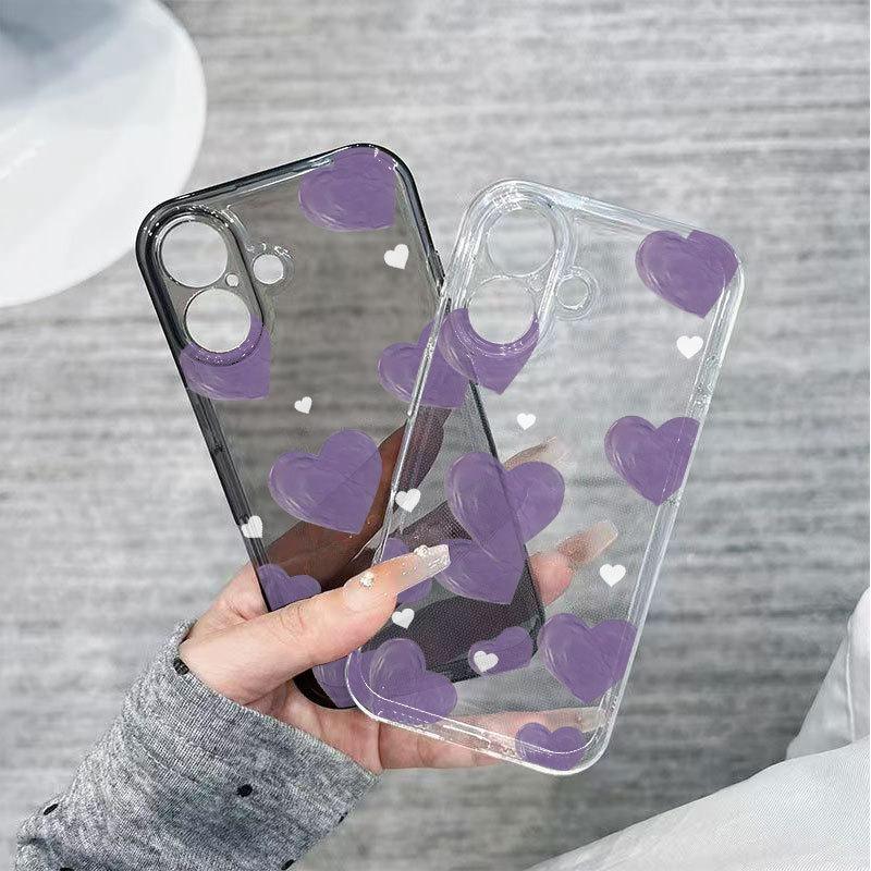 Purple Love Heart Transparent Soft Phone Case Compatible With Apple Iphone Multiple Models