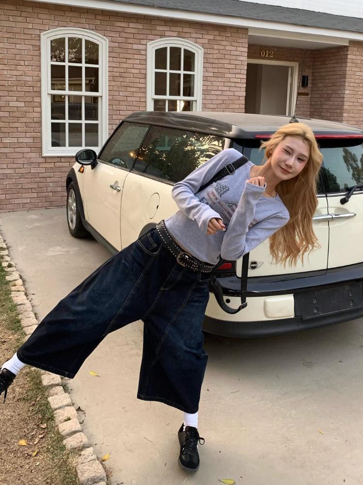 90s Plus Size American Embroidery Stitched Jeans Women Summer Loose Retro High Waisted Pants Y2k Design Wide Leg Cropped Shorts