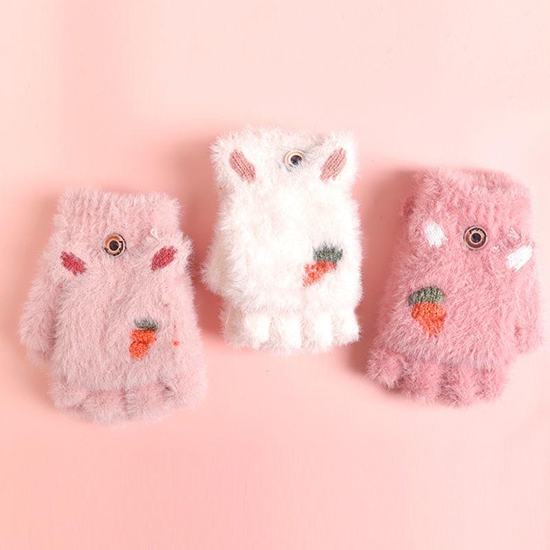 Cute Kids Gloves Winter Warm Faux Fur Knit Boy Girl Children Glove Cartoon Half Finger Flip Cover Outdoor Mittens 3-7Y