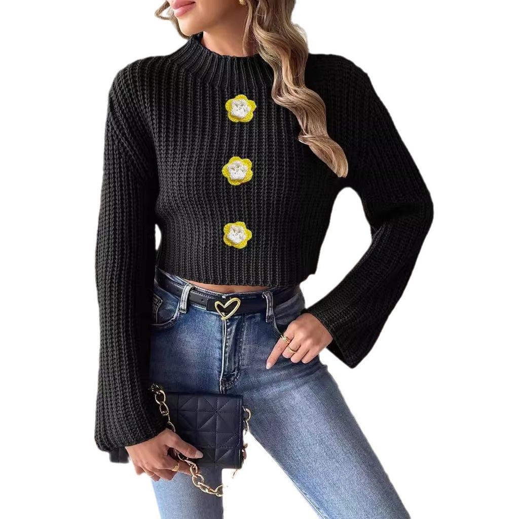 Women's Short Open-button Top, Hand-crocheted Pearl Beads, European and American New Horn-sleeved Semi-turtleneck Sweater
