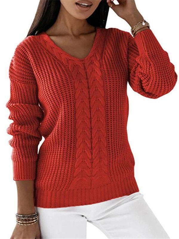 European & American Women's V-Neck Cable Knit Sweater - Long Sleeve Solid Color Casual Pullover Top
