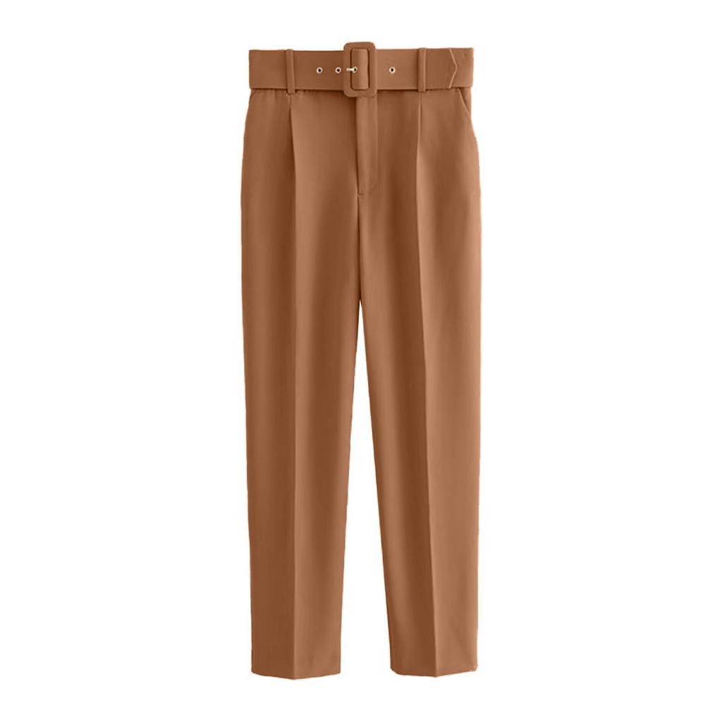Damen Farbe Lässige Hosen Mikroelastisch Schlanke Passform Gürtel Verziert Gerade Bein Anzug Neun-Punkt Hosen