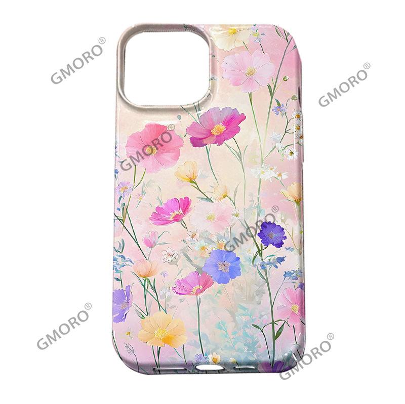 Hot-selling Oil Painting Style Pink Flower Mobile Phone Case iPhone17 Glossy Film Apple 16 Large Hole Anti-drop Cover