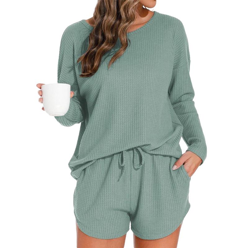 Waffle Knit Women's Long Sleeve Pajama Set with Shorts, Casual and Versatile for Outerwear