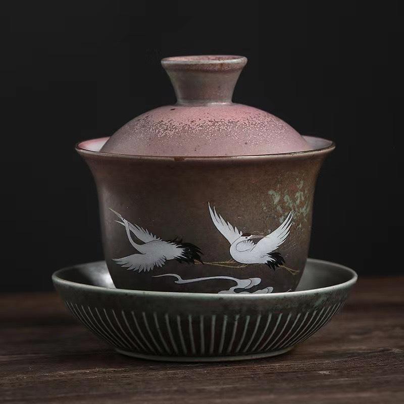 

Керамическая гайвань в японском стиле, роскошная, красочная, журавль, супница для чая, бытовая, крышка для чайника, чаша, украшение для стола