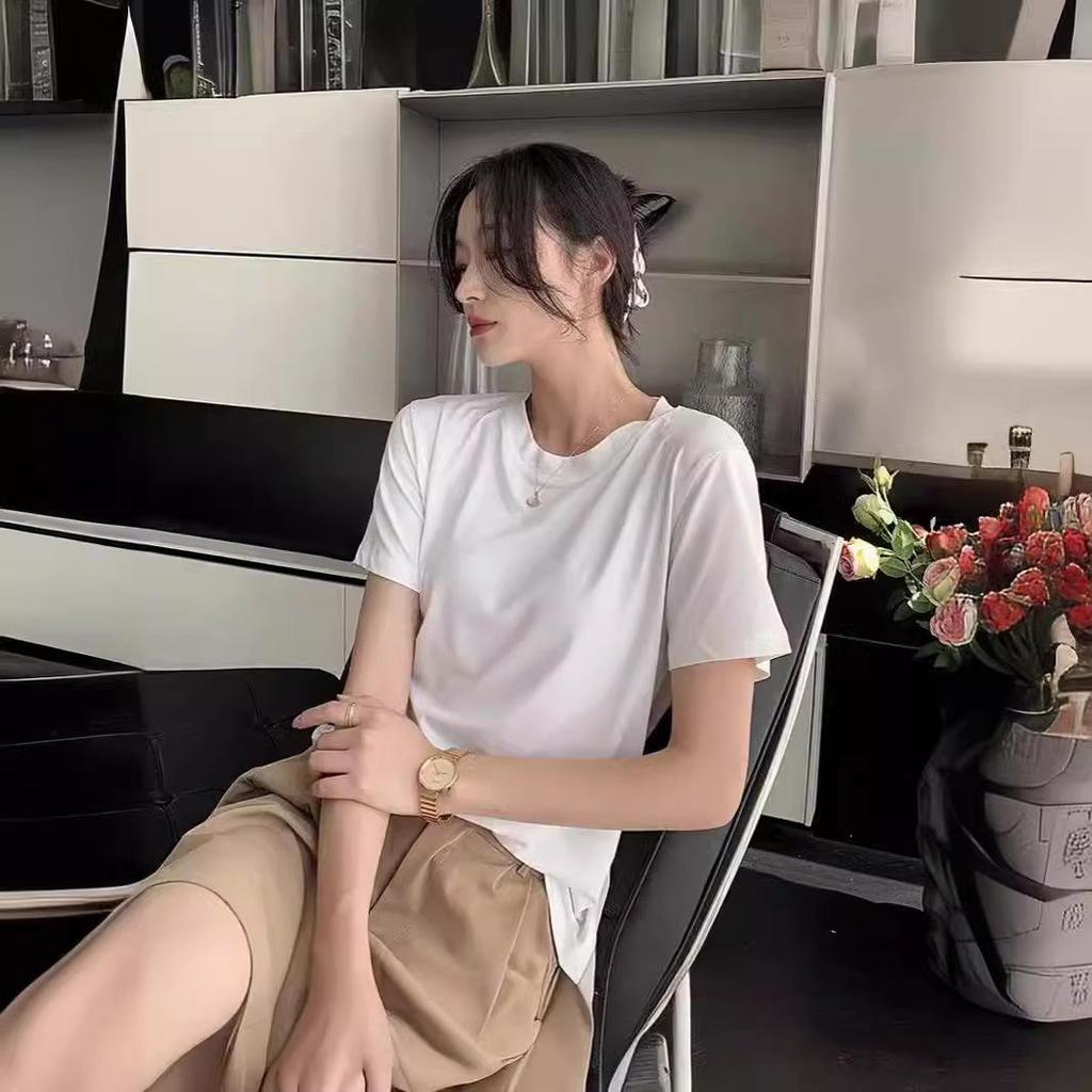 Damen Weißes V-Ausschnitt Kurzarm Sommer T-Shirt (2025), Lockere Passform, Unifarbe, Schlankes Unterhemd