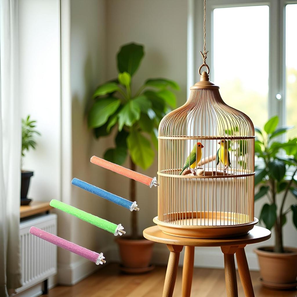 2 Pcs Multi-Color Random Bird Perch Stand Toy Wood Parrot Perch Stand Grinding Claw Sticks Sanded Surface Cage Toy for Parakeets Finches Parakeet