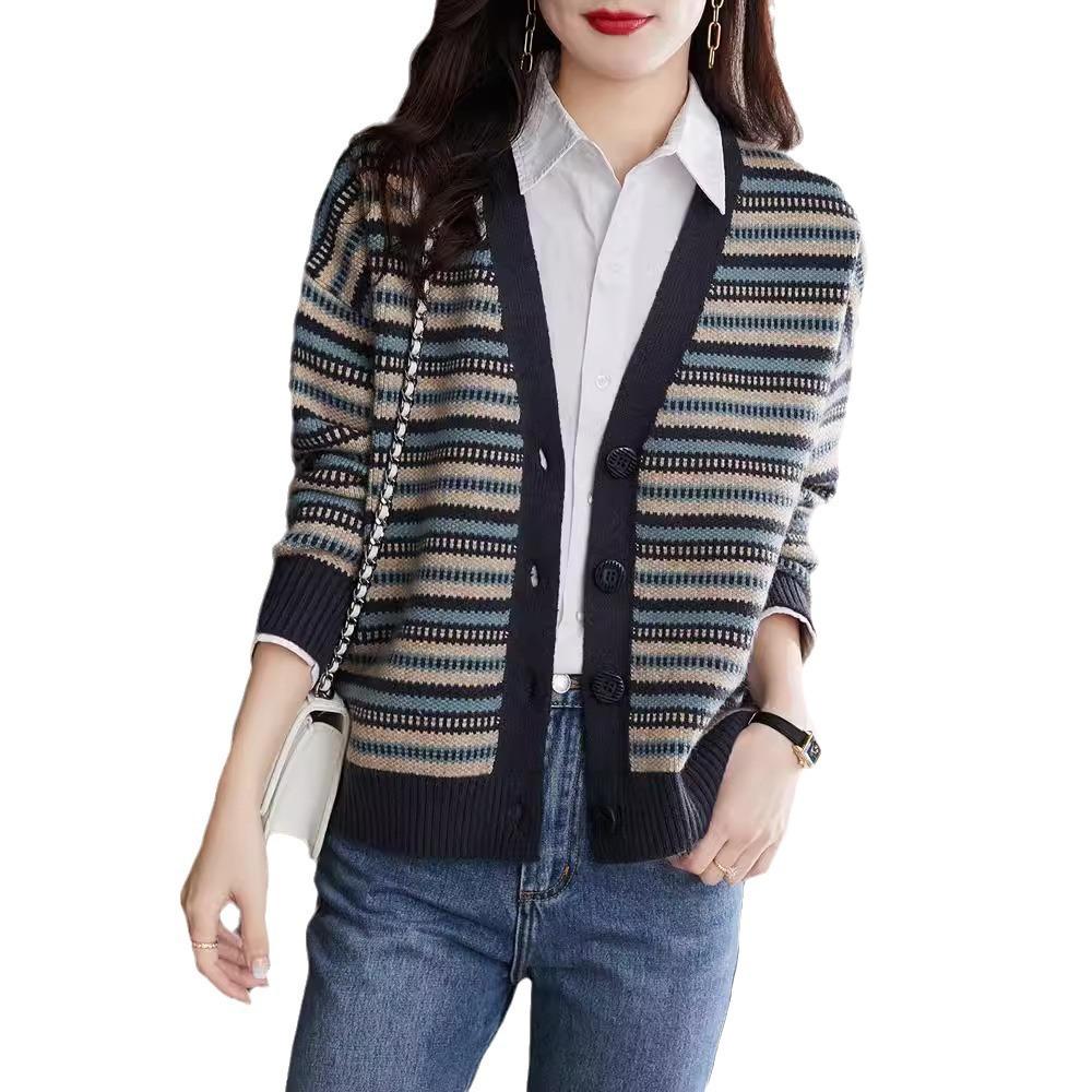 Retro Jacquard Sweater Jacket for Women's Autumn and Winter Loose V-neck Knitted Cardigan Top