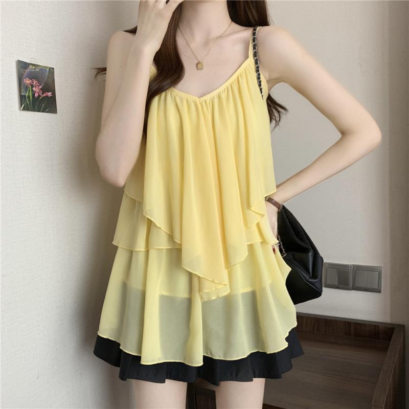 Plus Size Solid V-Neck Sleeveless Patchwork Camisole - Korean Style Loose Casual Women's Top