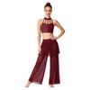 Dámský outfit pro lyrický tanec Crop top s kamínky a zavazováním za krk s průhlednými širokými kalhotami se sukněmi a všitými kalhotkami pro moderní tanec a jevištní vystoupení