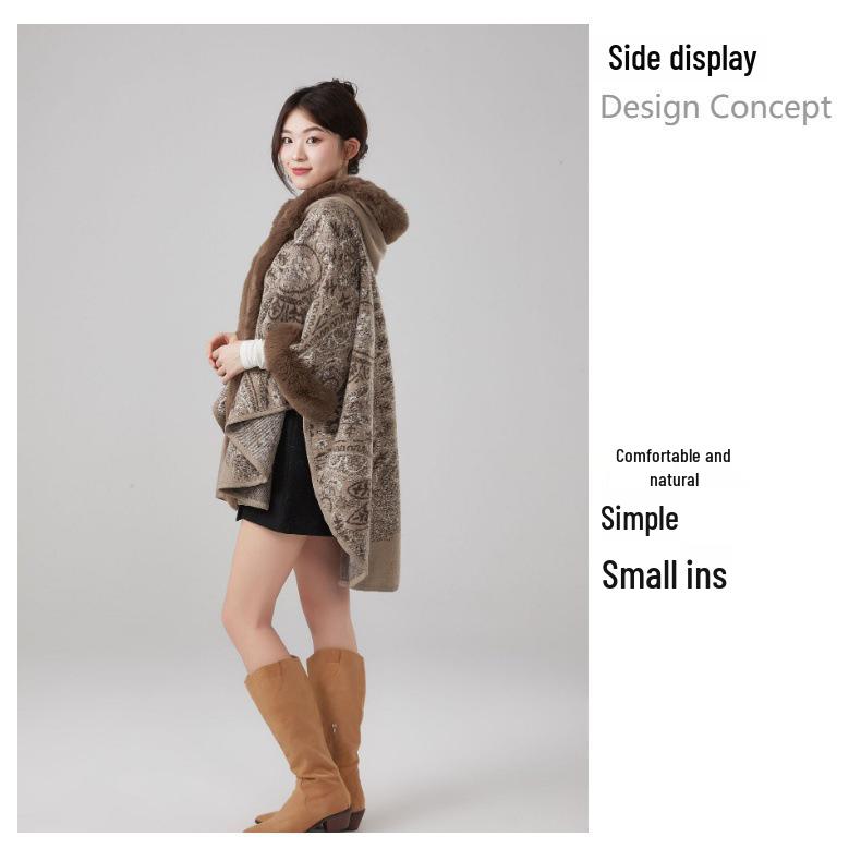 European & American Fall/Winter Faux Mink Fur Hooded Shawl Cape Woolen Cardigan for Women Plus Size
