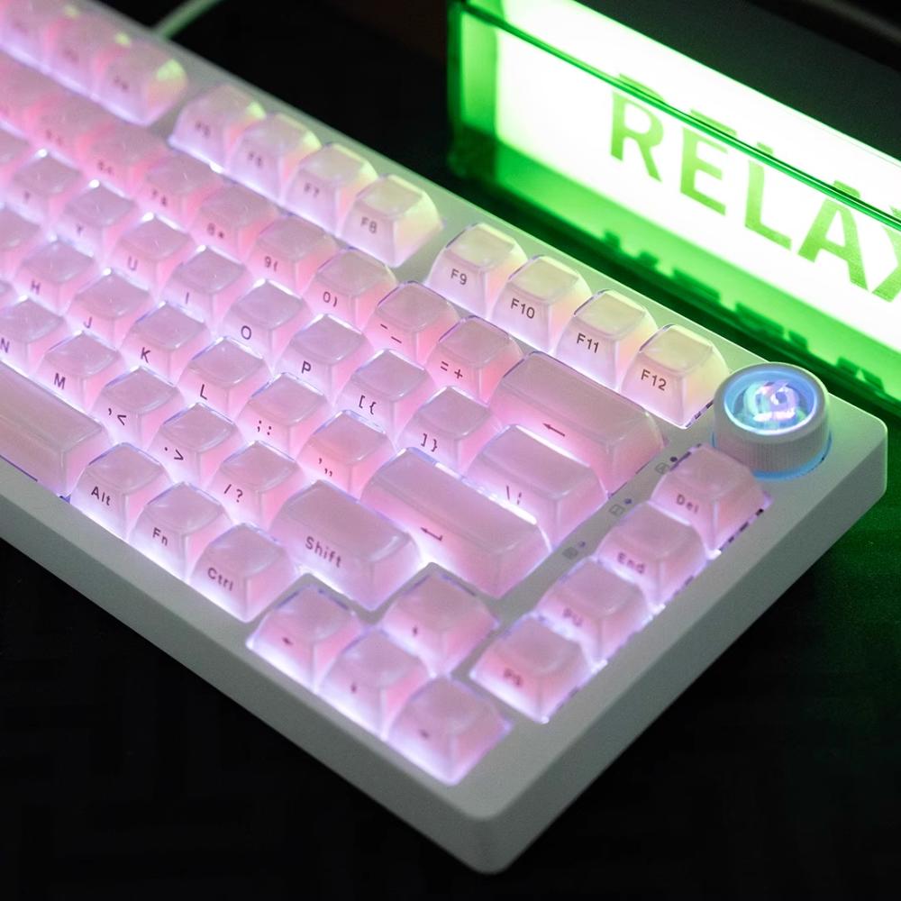 Pink Crystal Keycap Set with Side Engraved 136 Keys OEM Height Suitable for Mechanical Keyboards 61/64/68/75/104/108