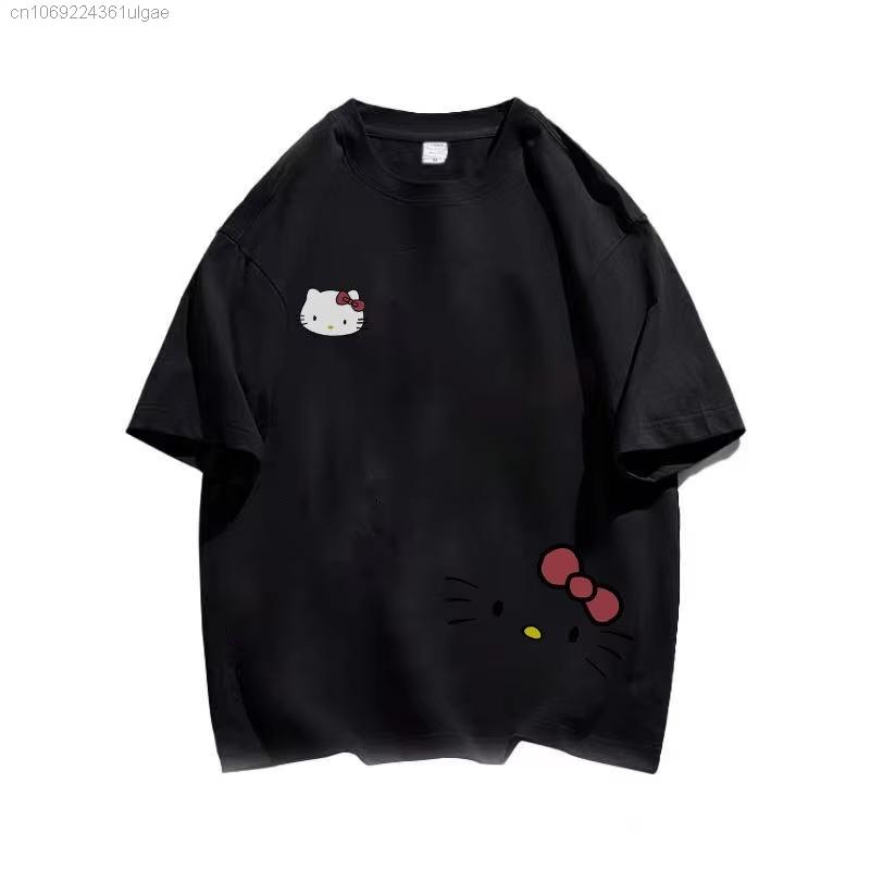 

2026 Summer Hello Kitty Tshirt High Quality 100 Cotton Pink Bow Print Unisex Retro Casual Y2K Tee for Adults Kids S