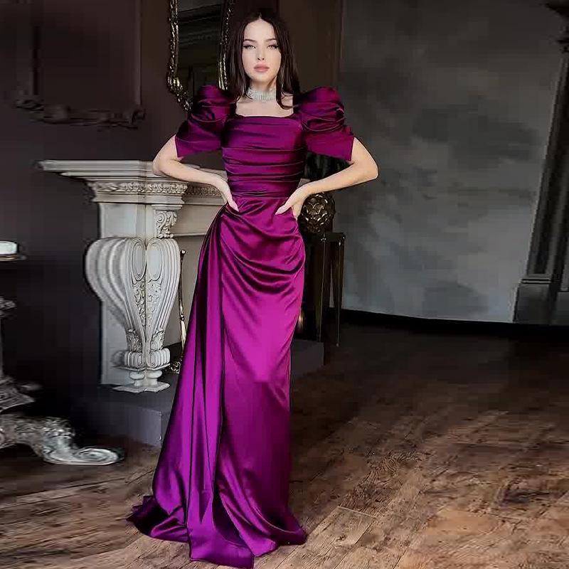 

2024 Элегантное летнее женское вечернее платье с квадратным вырезом, пышными рукавами и приталенным силуэтом M фиолетовый