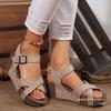 Cross-strap Thick-soled Wedge Heel Sandals Women's Large-sized Riveted Mid-heel Shoes Fish-mouth Beach Flip-flops