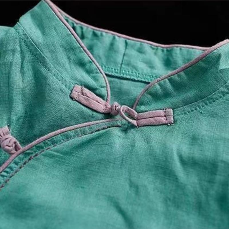 Chinese Style Retro Cotton and Linen Shirt Women's Spring and Summer Chinese Style Stand-up Collar Buttoned Top Embroidered Tea Dress