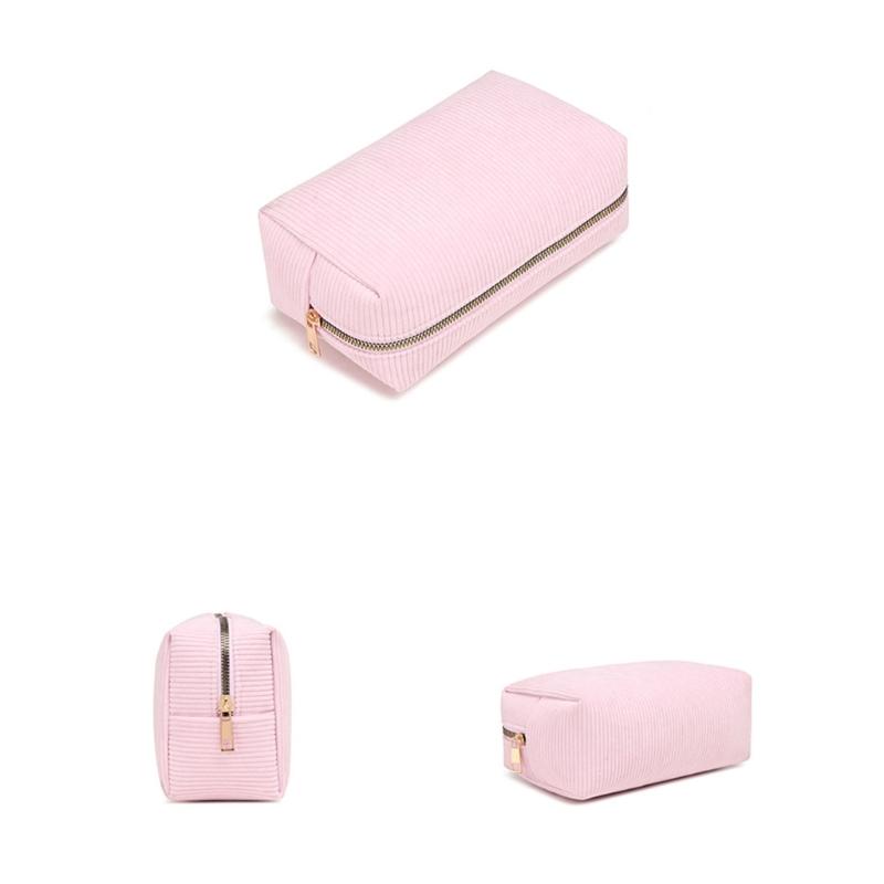 Portable Makeup Brush Tool Storage Bag with Zippered Corduroy Solid Color Cosmetic Bag Large Capacity Zippered Purse